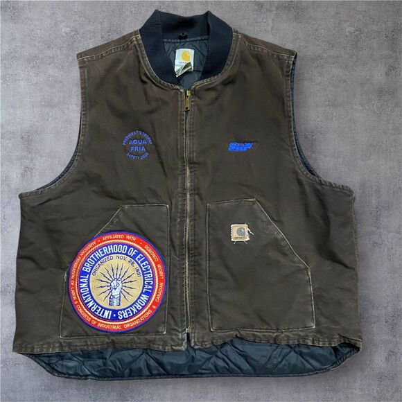 Carhartt Vintage Duck Canvas Work Vest Custom Patches Cotton Brown Men's 2XL